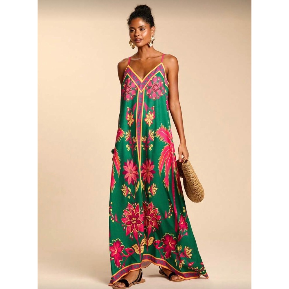 Tropical Green Pink Floral Palm Print Maxi Dress Handkerchief Hem Large - Picture 3 of 10